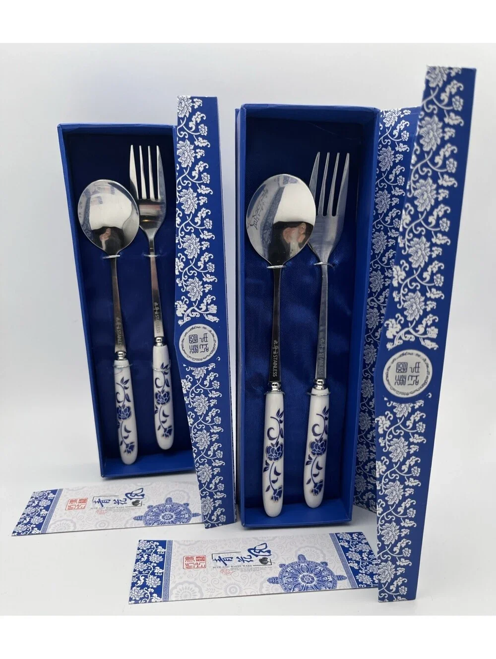 2 Blue White Asian Style Spoon Fork Sets Porcelain Handles Stainless Gift Boxed